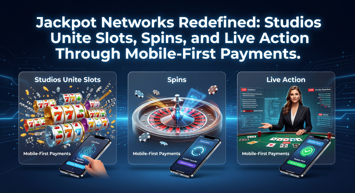 Illustration eines vernetzten Jackpot-Systems mit Slots, Live-Tischen und mobilen Zahlungsoptionen, das die Integration von Studios zeigt