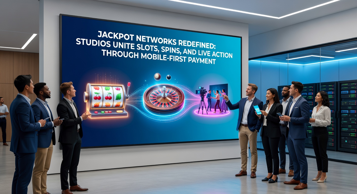 Detaillierte Grafik eines mobilen Interfaces mit vernetzten Jackpots, Slots und Live-Streams sowie Zahlungsoptionen